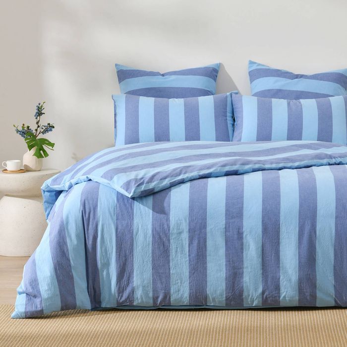 Dreamaker Bowie Washed Cotton Yarn Dyed Stripe Quilt Cover Set Blue Double