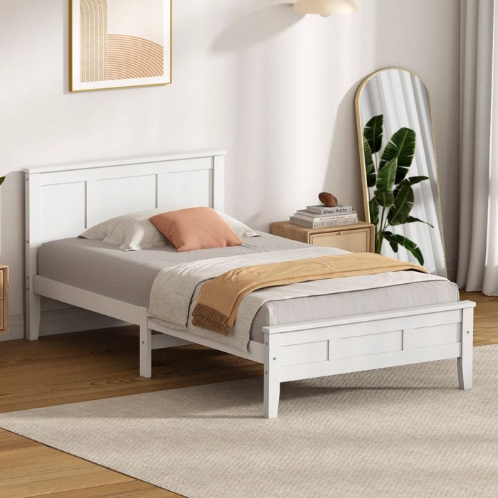 Oikiture Single Wooden Bed Frame with Slatted Base Headboard Pine Timber White