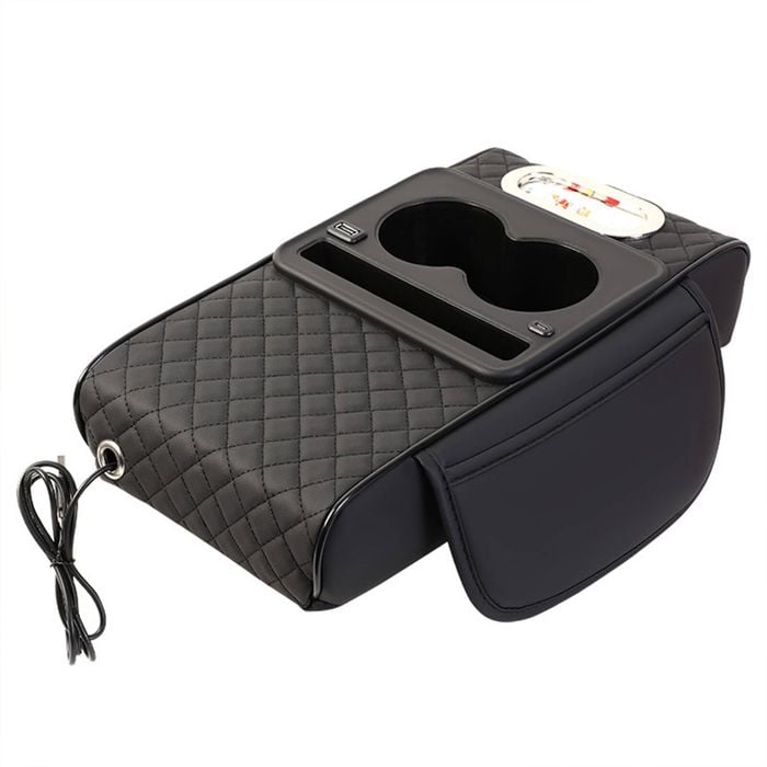 Catzon 4in1 Leather Car Armrest Storage Box With Charging Port Armrest Box Booster Pad-black