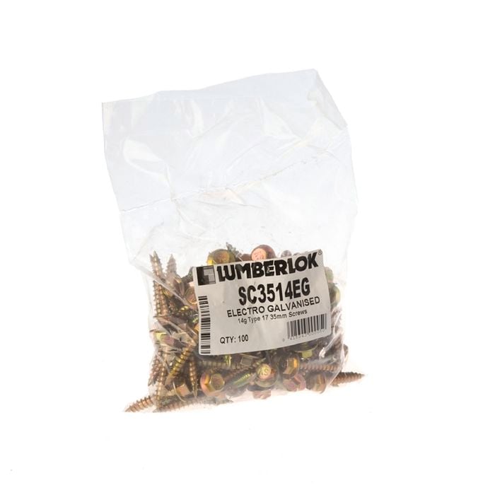 LUMBERLOK 14g x 35mm Type 17 Electro Galvanised Hex Head Screws - 100 Pack
