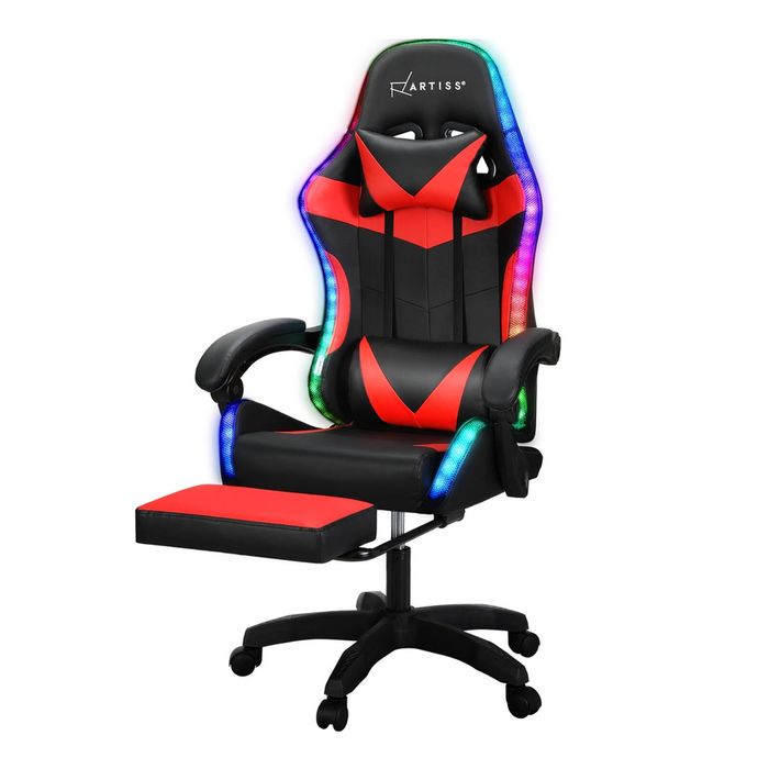 Artiss Gaming Chair Massage Office Chairs with LED Light Red
