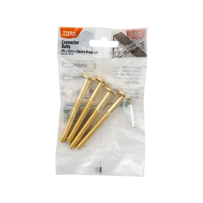 Taskmaster M6 x 60mm Electro Brass JCB Connector Bolts -  4 Pack