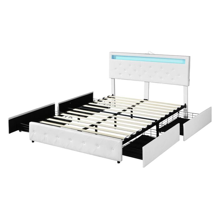 Levede PU Leather Bed Frame with RGB LED 4 Storage Drawers USB Charging Double Size in White