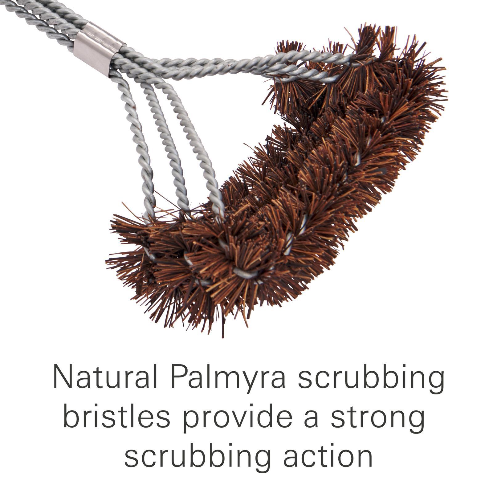 Outset Triple Head Palmyra Bristle Grill Brush - Silver 3-Headed BBQ Cleaner