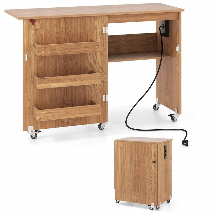 Costway Folding Sewing Table Mobile Craft Station Desk Storage Cabinet Natural