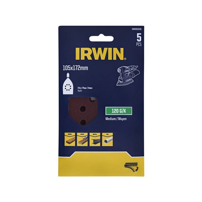 IRWIN 105 x 172mm 120 Grit Detail Sanding Sheets 8 Holes - 5 Pack