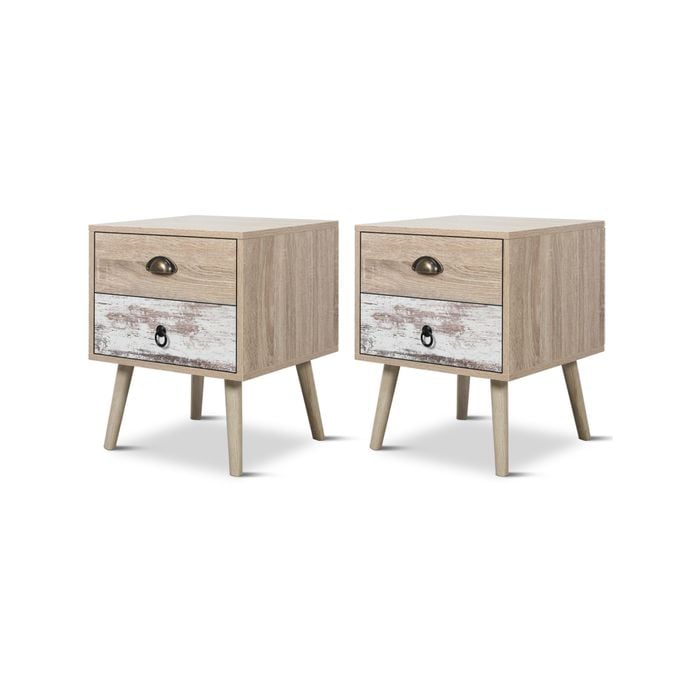 Set of 2 Luka 2 Drawer Bedside Table White Washed and Oak