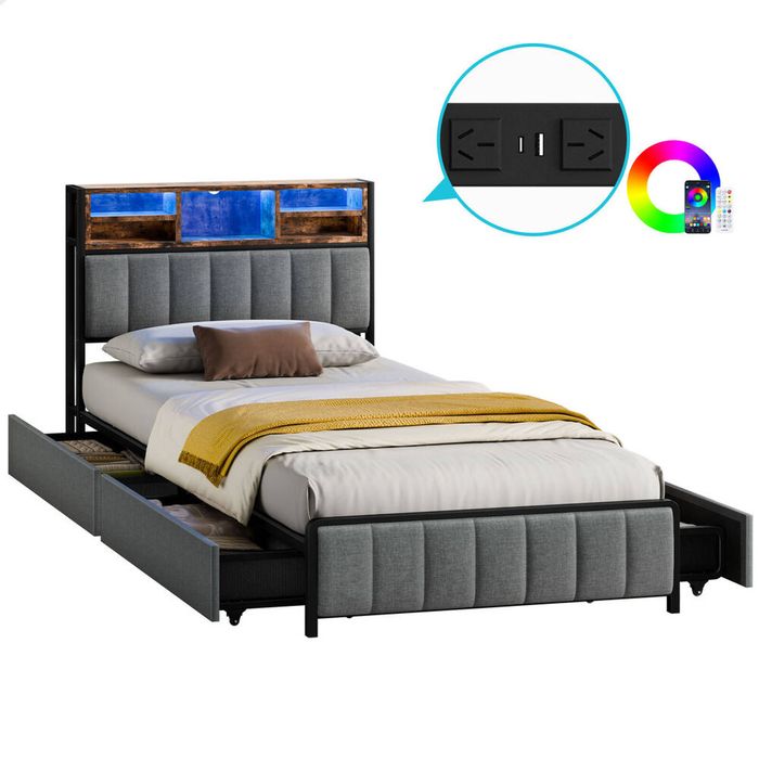 ALFORDSON Bed Frame King Single Charging Station LED Storage Drawers Linen