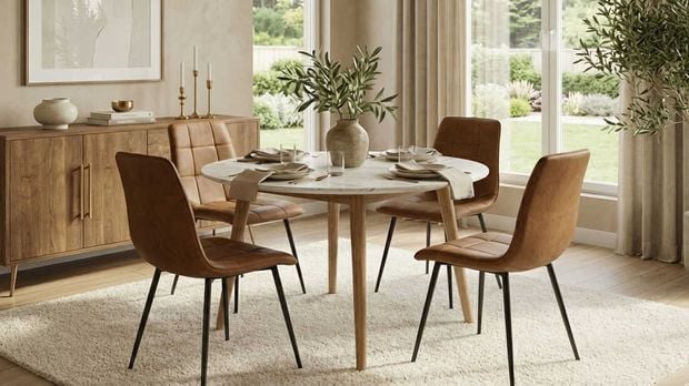 A modern dining room featuring a round marble top table, surrounded by tan leather dining chairs on a cream rug.