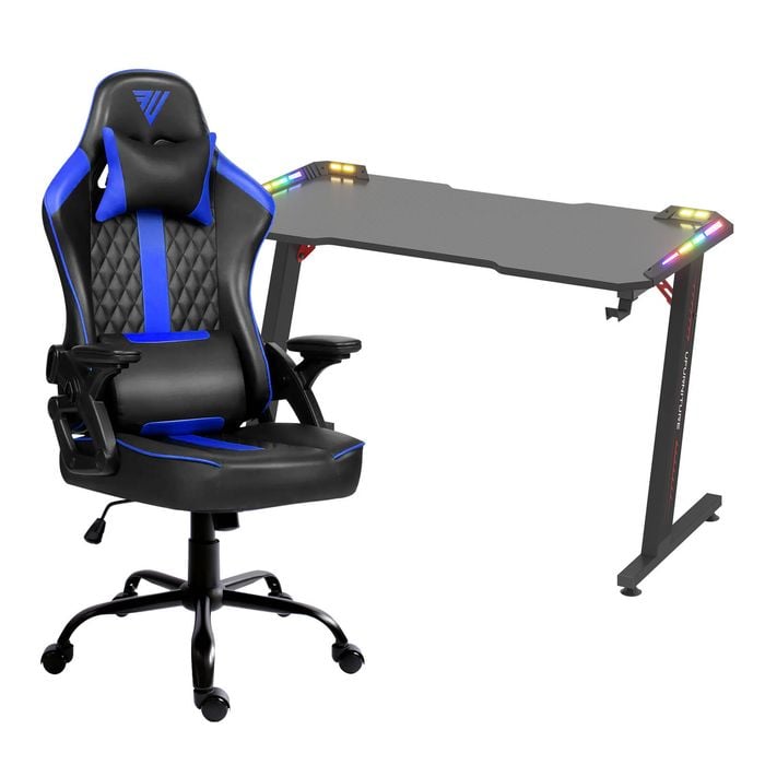 Advwin Gaming Office Desk 120cm LED Light & Gaming Chair Black & Blue