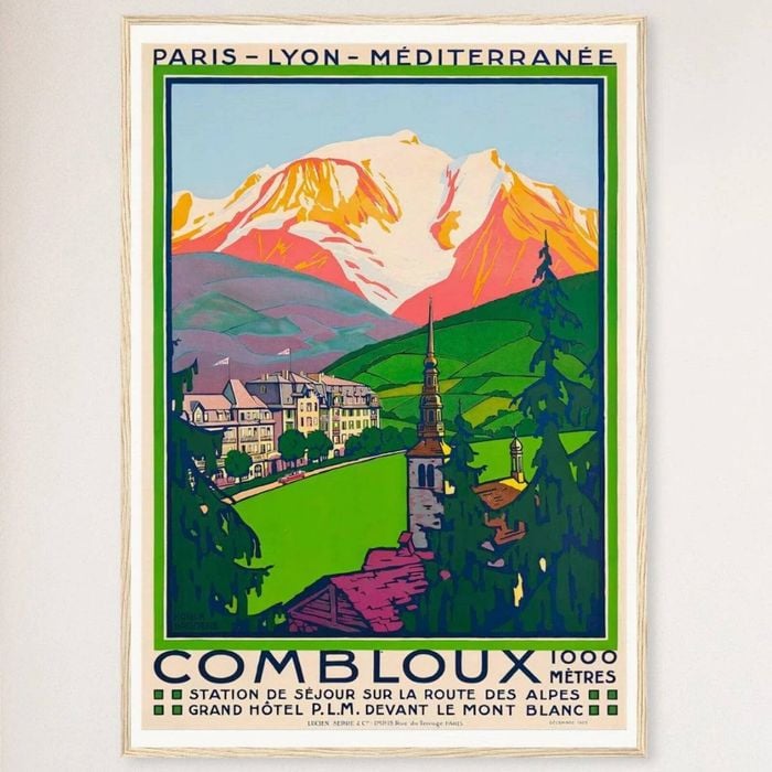 Galrie Combloux France Vintage Ski Art Poster - Charming Travel Décor Wall Art, Wood Frame, A4 21 x 30cm (8 x 12inch)