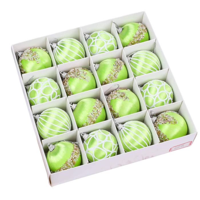 Catzon 16 Pcs Shiny Christmas Baubles Silk Wrapped with Rhinestone Sequins for Party Decor-Green