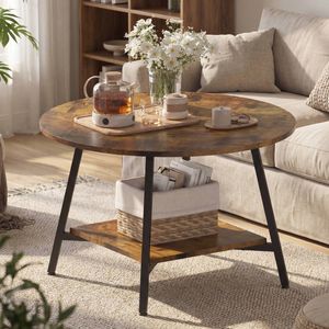 Advwin 73cm Round Coffee Table 2-Tier Industrial Center Table w/ Open Shelf Side Table Walnut