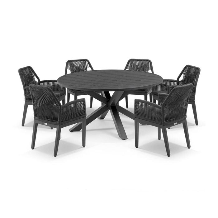 Houston Outdoor 1.5m Aluminium Dining Setting Charcoal With 6 Hugo Chairs & Carbon Grey/denim Grey Cushions