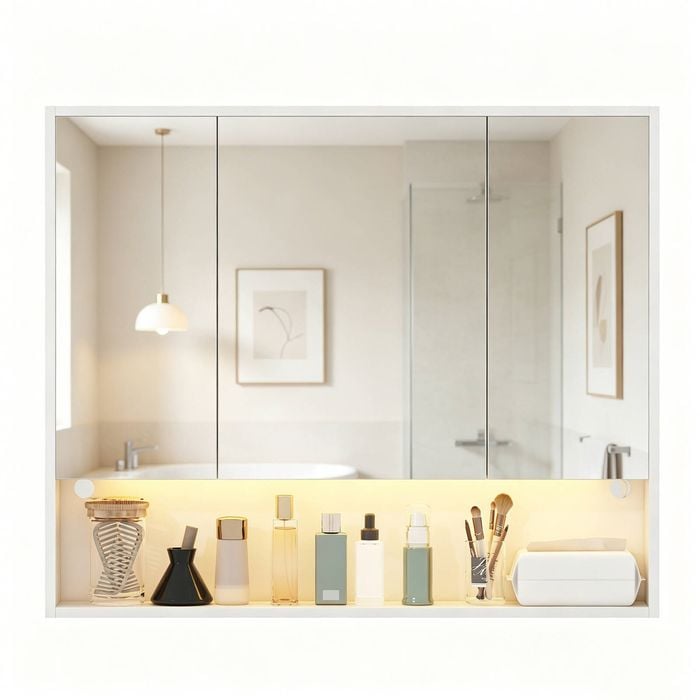 Ufurniture 900 x 750mm Mirrored Shaving Cabinet 3 Door Medicine Cupboard Wall Mounted w/ RGB LED White