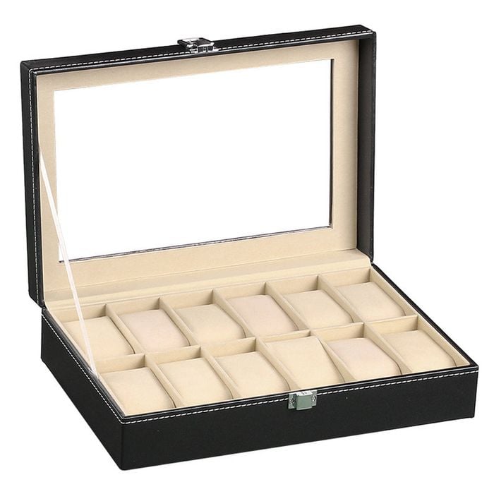 Catzon Watch Box Pu Leather Watch Display Case With Large Glass Lid-12slot