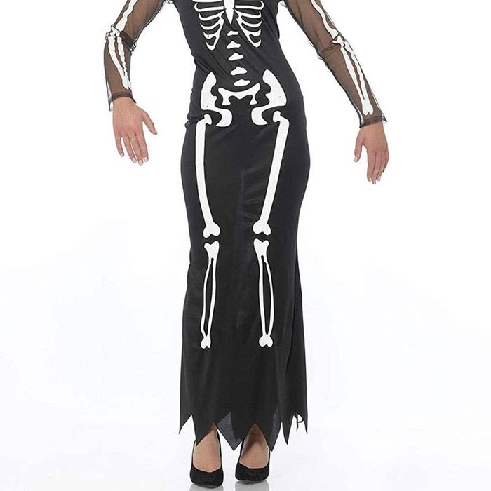 Long Womens Skeleton Print Halloween Costume - Small
