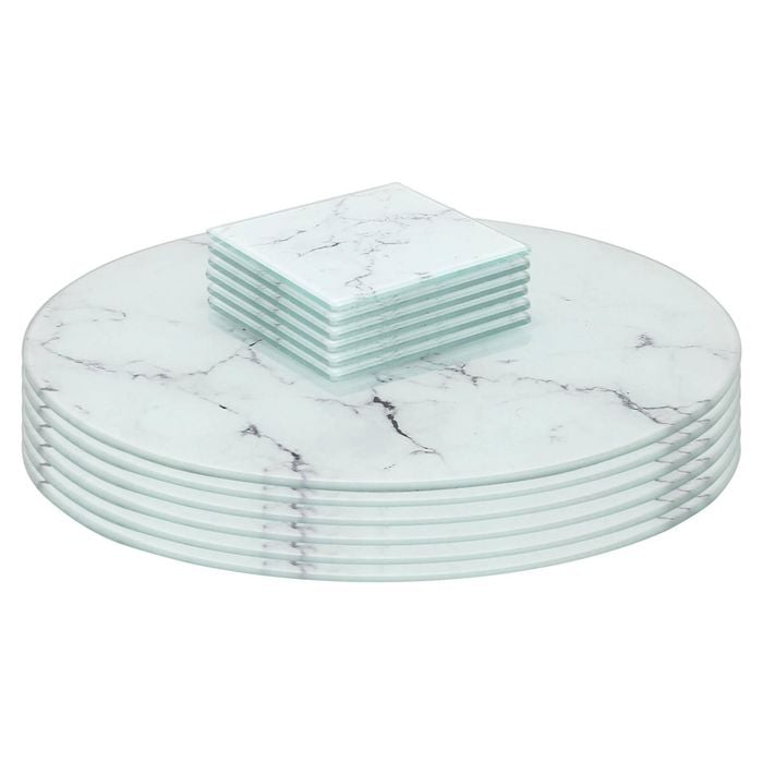 Harbour Housewares 12pc Round Glass Placemats & Square Coasters - 30cm Marble Dining Table Protection Place Mats Coasters