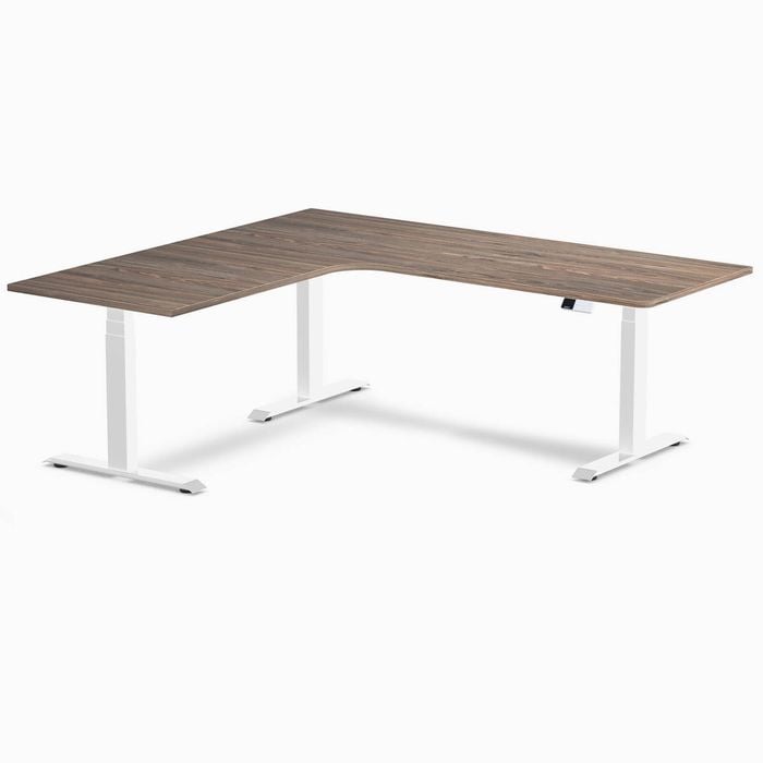 Desky L-shape Sit To Stand Natural Walnut Melamine Desk 2000x1800mm - Left Return Height Adjustable White Leg
