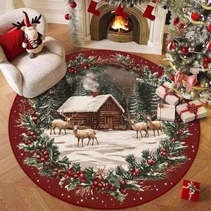 CottonMore Christmas Cabin Round Rug Festive Reindeer Snowy Winter Scene Holiday Floor Mat 120cm