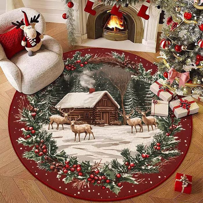 CottonMore Christmas Cabin Round Rug Festive Reindeer Snowy Winter Scene Holiday Floor Mat 120cm