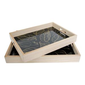2pc LVD Decorative MDF/Glass 40/35cm Tray w/ Handles Rectangle - Leaf Mix
