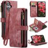 CaseMe C30 For Apple iPhone 17 Vintage Leather Folio Zipper Wallet Case and 7 Card Slots (Red)