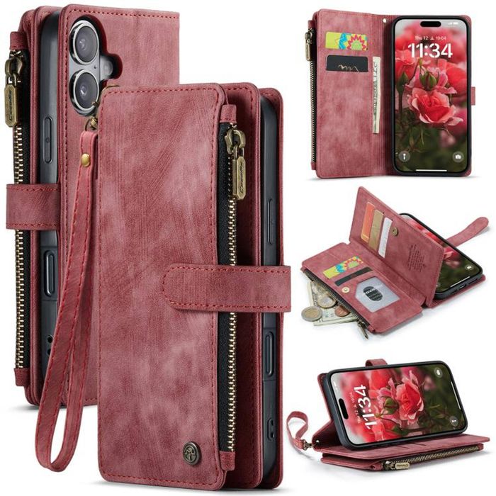 CaseMe C30 For Apple iPhone 17 Vintage Leather Folio Zipper Wallet Case and 7 Card Slots (Red)