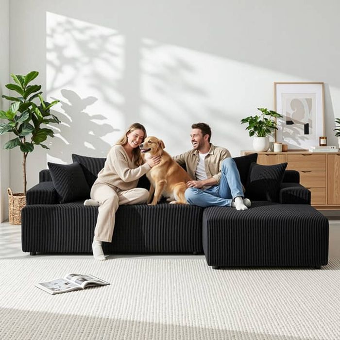 Homfurn Modular L-shape Sofa Bed – 2 Separate Chaises, Corduroy, High-density Foam, 500kg Capacity, No Assembly, Black