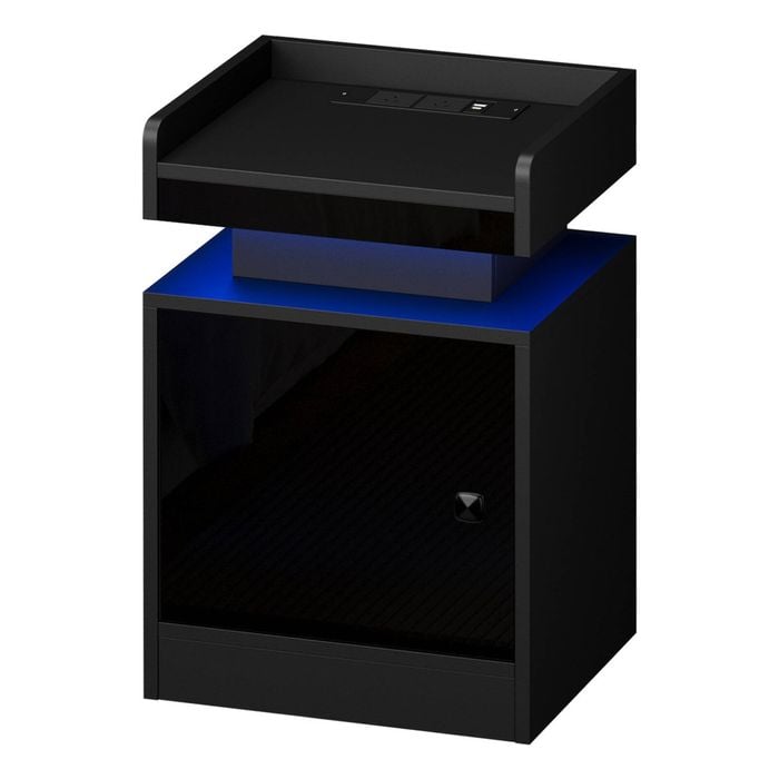Oikiture Bedside Table LED Nightstand USB Charging Station Side Table Black