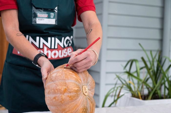 Bunnings team member outlining a shape on the pumpkin.