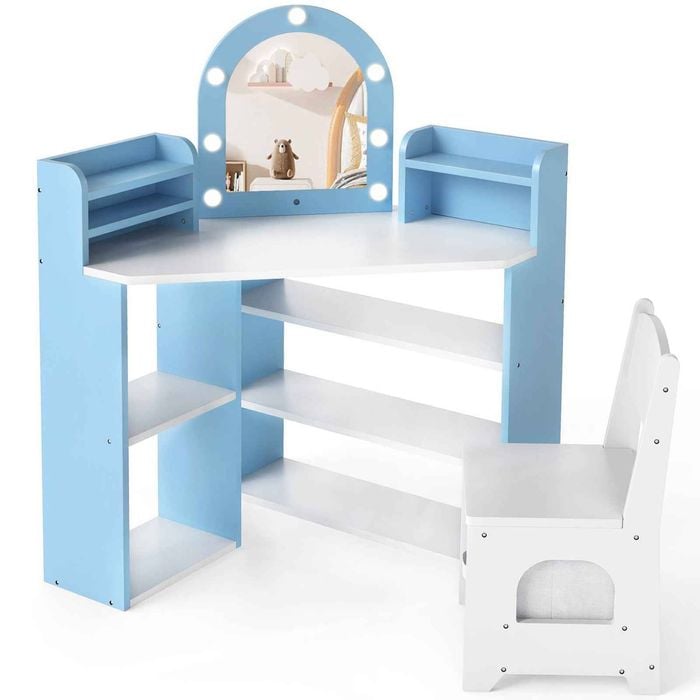Costway Kid Corner Vanity Desk & Chair Set Makeup Dressing Table
