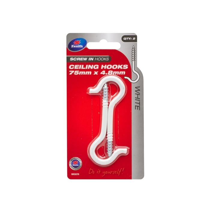Zenith 75 x 4.8mm White Powder Coated Ceiling Screw Hook - 2 Pack