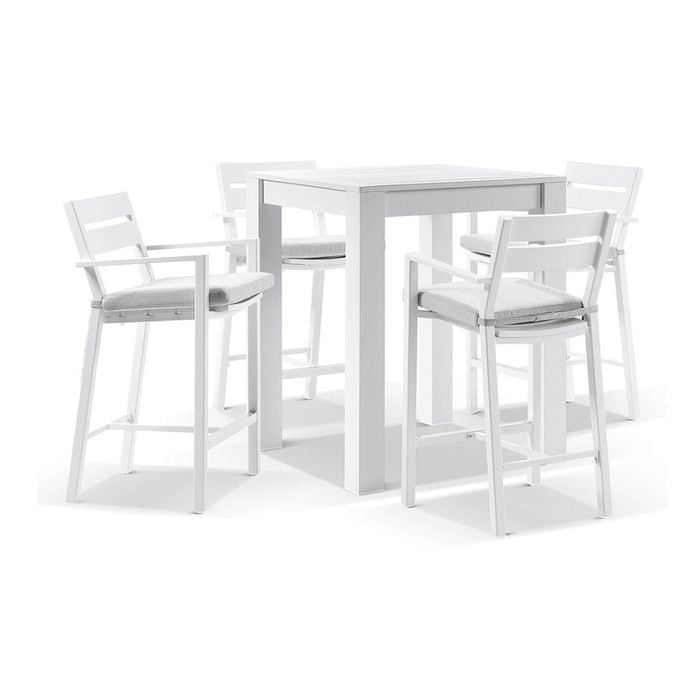 Santorini Outdoor Aluminium Square Bar Table White With 4 Stools & Textured Grey Cushions