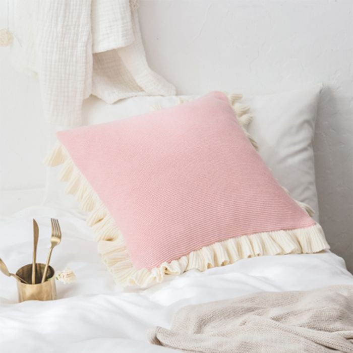 CottonMore 100% Cotton Knitted Lotus Flange Cushion Cover Pink 45x45cm