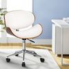 HOMFURN Retro Swivel Office Chair, White PU Leather & Wood Frame, Chrome Base, Height Adjustable with Castors