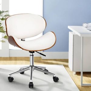 HOMFURN Retro Swivel Office Chair, White PU Leather & Wood Frame, Chrome Base, Height Adjustable with Castors