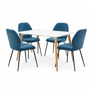 FORET 5pcs Dining Table Set 120cm White Table & 4 Blue Upholstered Chairs