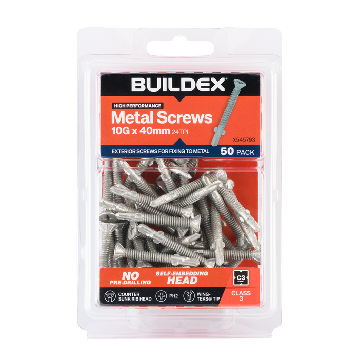 Buildex 10G x 40mm Class 3 Sheet Metal Screws (Countersunk Rib Head) - 50 Pack