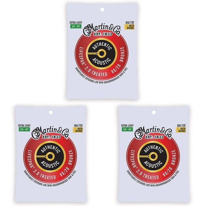 3PK Martin Guitar MA170T Authentic Treated Strings 80/20 Bronze Extra Light