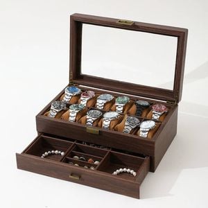 Catzon Watch Box Organizer Retro Wood Grain Watch Display Case With Glass Top-12slot2layer