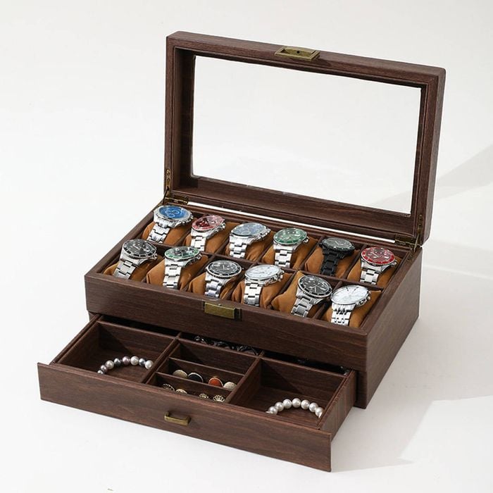 Catzon Watch Box Organizer Retro Wood Grain Watch Display Case With Glass Top-12slot2layer