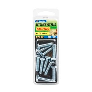 Zenith M6 x 25mm Zinc Plated Hex Head Set Screw - 10 Pack