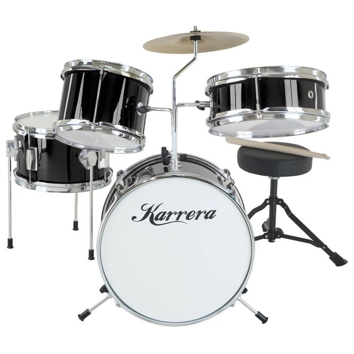 Karrera Mini 4-piece Children Drum Kit Set Wooden With 2 Toms Bass Pedal Snare Stool Metallic Black