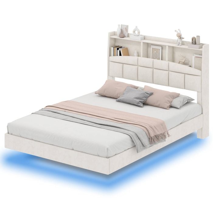 Advwin Queen Floating Bed Frame with LED Lights and Charging Station, Velvet Upholstered Storage Headboard Beige