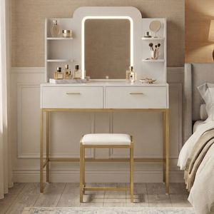 Oikiture Dressing Table Stool Set Makeup LED Mirror Vanity Iron Desk White Gold
