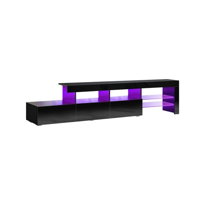 Oikiture Entertainment Unit Led Gloss Glass Shelf Black 220cm