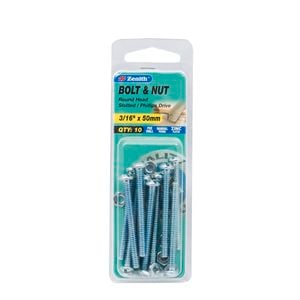 Zenith 3/16" x 50mm Zinc Plated Round Head Bolt And Nut - 10 Pack