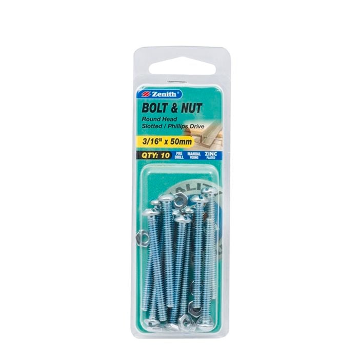 Zenith 3/16" x 50mm Zinc Plated Round Head Bolt And Nut - 10 Pack