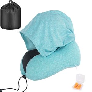 Catzon Travel Neck Pillow with Hood Memory Foam for Neck Support-F05-Blue